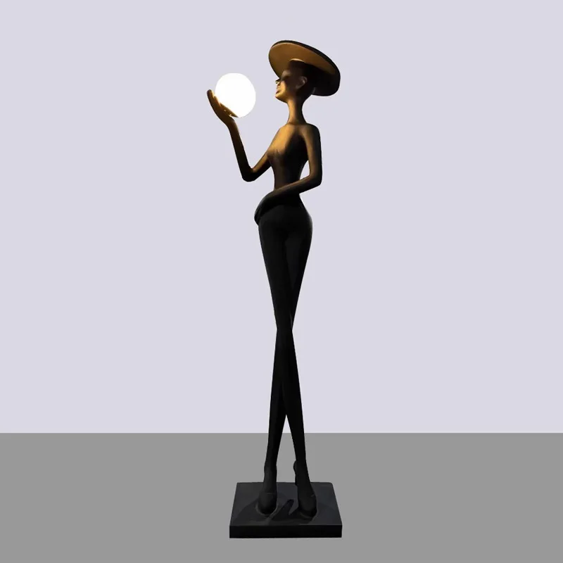 

Living room modern floor lamp black figure sculpture lamp lobby club hat wearing girl character