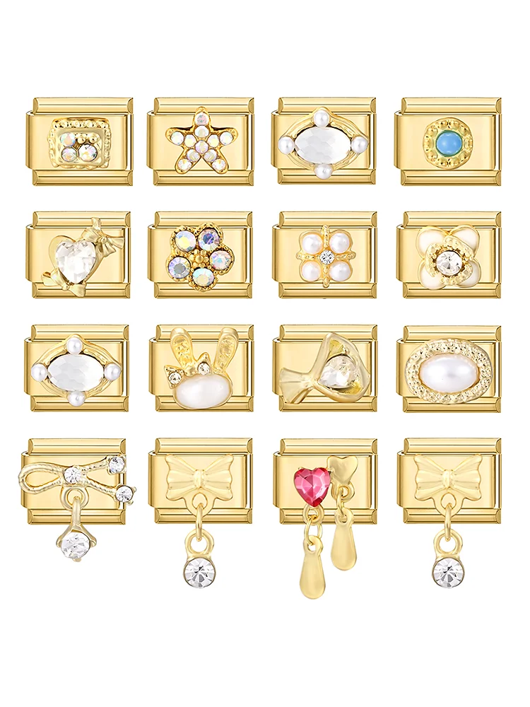 Perles de Zircon étoile nœud papillon fleurs coeur couleur or maillons de charme italien ajustement 9mm Bracelet en acier inoxydable femmes bricolage faisant des cadeaux