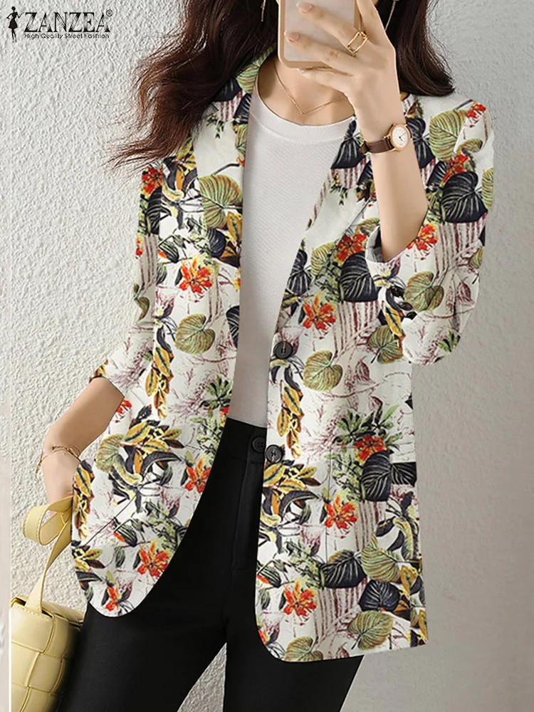 ZANZEA 2023 Autumn Summer OL Blazer Women Elegant Floral Printed Jackets Lapel Neck Long Sleeve Thin Outwear Officewear Suits