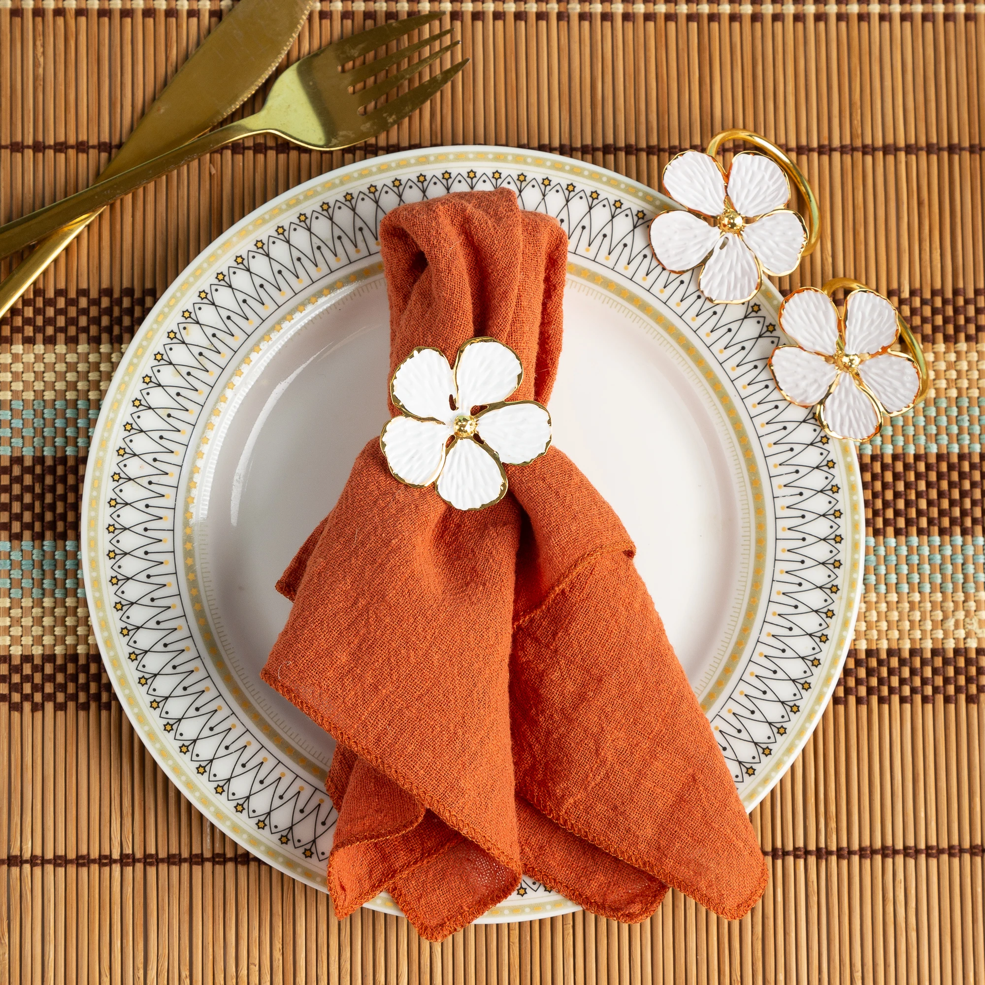 12-Pack White Five-Petal Flower Metal Napkin Rings - Golden-Tone Brushed Finish Table Decor for Christmas, Weddings, Banquets