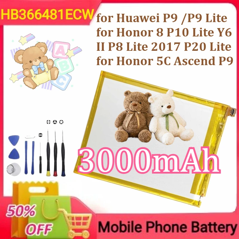 

HB366481ECW for Huawei P9 /P9 Lite/for Honor 8 P10 Lite Y6 II P8 Lite 2017 P20 Lite for Honor 5C Ascend P9 Battery 3000mAh+Tools
