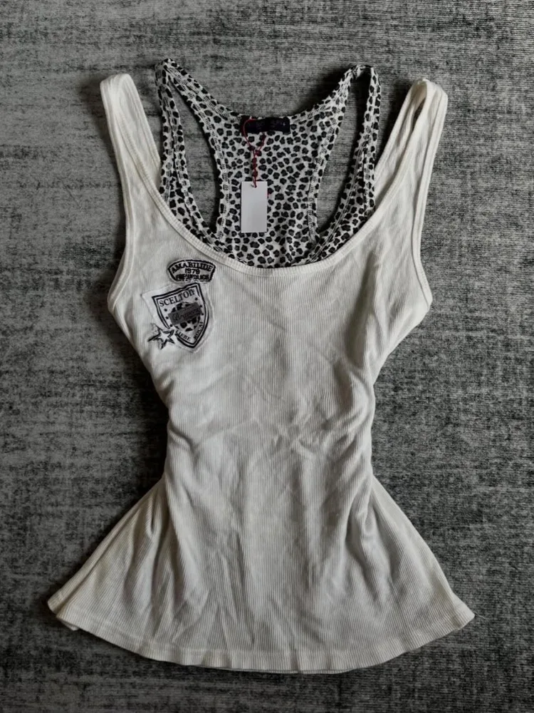 American subculture punk fake two-piece vest Harajuku leopard print patchwork vests women sexy retro Gothic Y2K chic tanks top