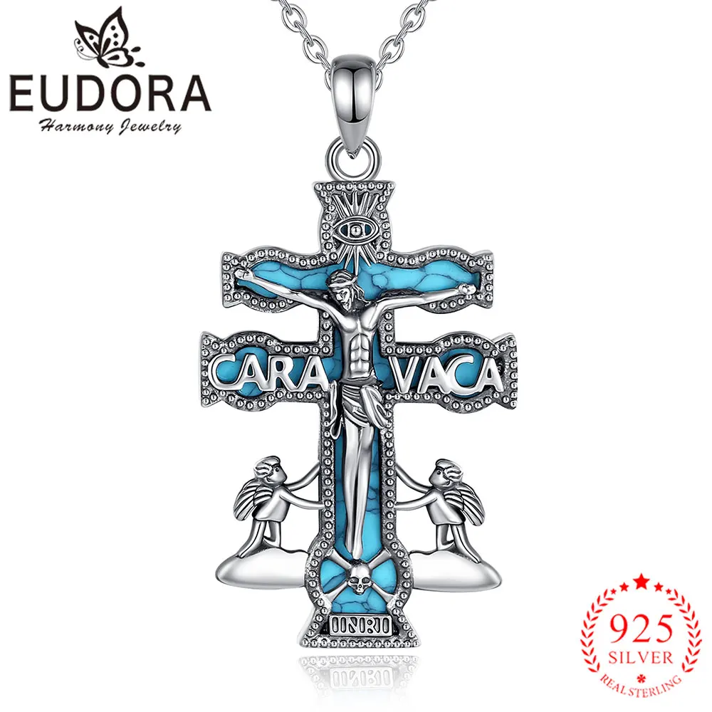 

Кулон-крест Eudora Caravaca из серебра 925 пробы с бирюзой, подвеска с изображением Иисуса и ангела, амулет, религиозное украшение, подарок для женщин и мужчин