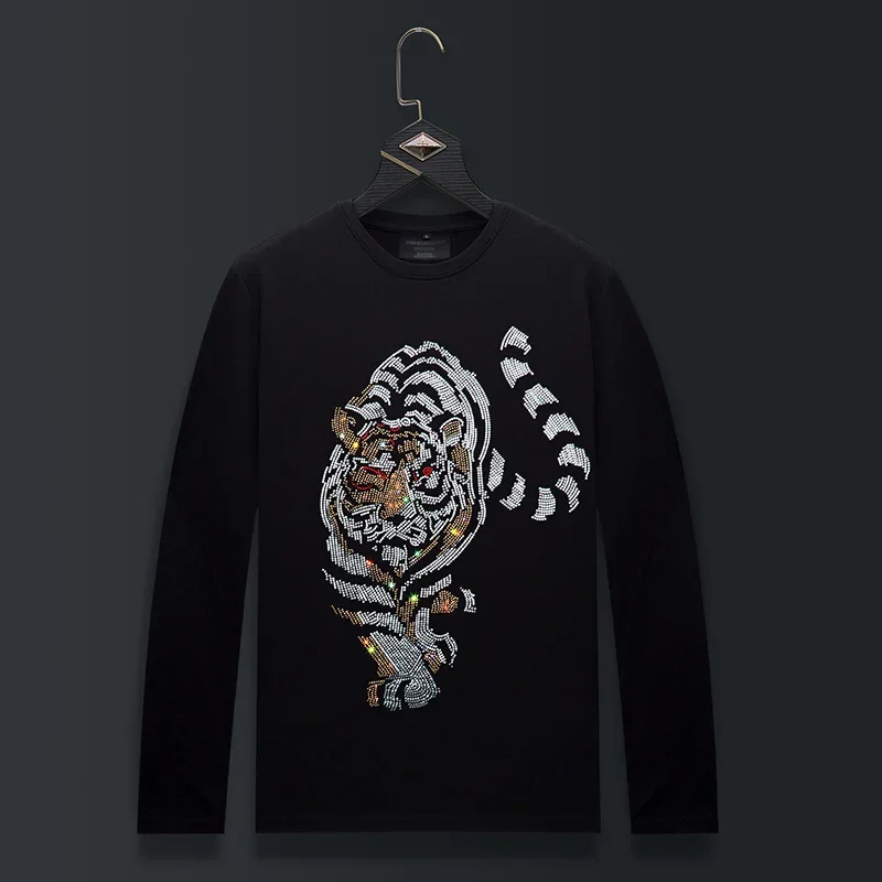 Plus Size Fashion Rhinestones Tiger Cartoon T Shirts Men Streetwear O Neck Long Sleeve Slim Modal Cotton Tshirts Mens Clothing