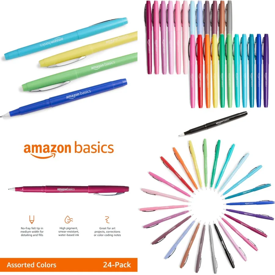 

Amazon Basics Felt Tip Marker Pens Versatile for Writing Drawing and Journaling Assorted Colors 24-Pack Ideal for Creative Proj