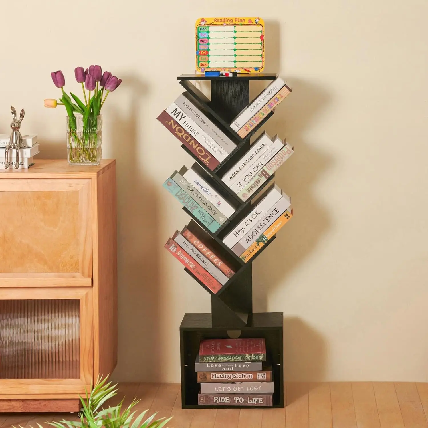 

7 Tier Tree Book shelf, Small Bookcase with Reading Planner and Activity Panel, Modern Floor Standing Corner Tall Narrow