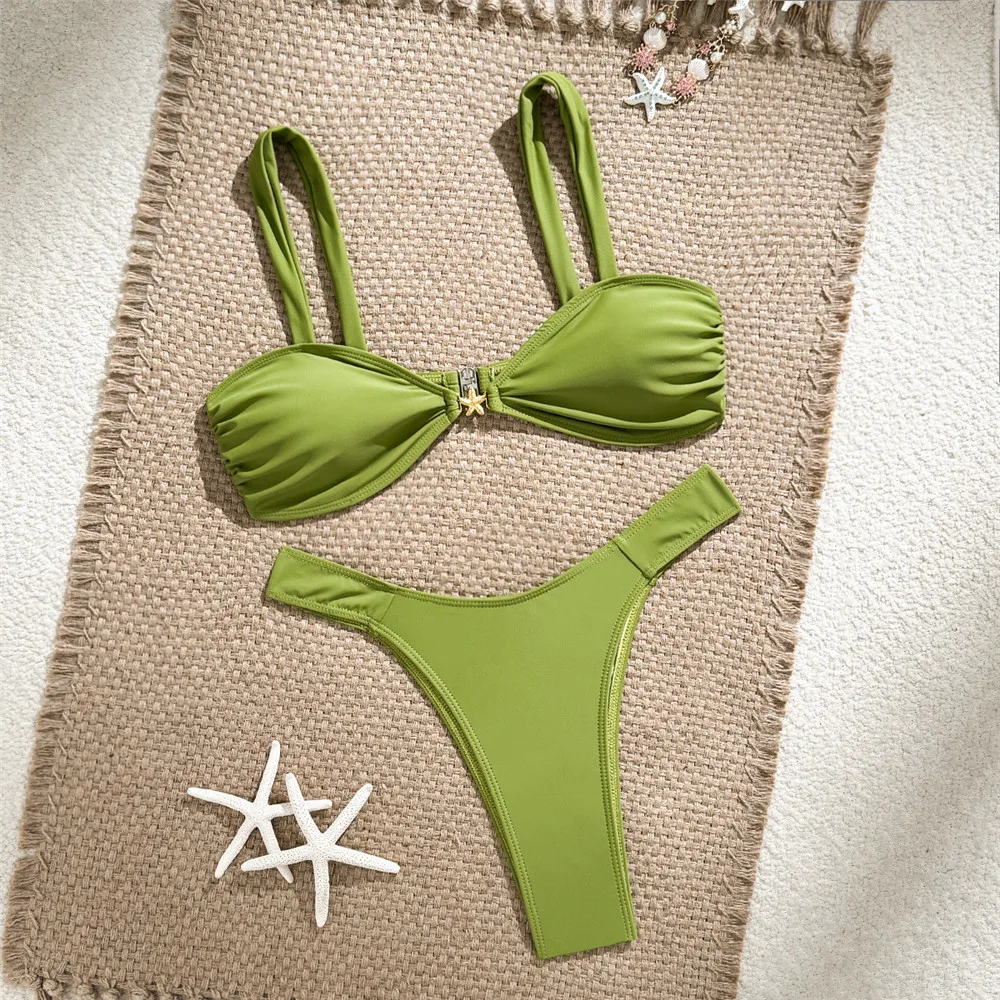 

Solid Green Bikini 2025 Sexy Swimsuit Women Metal Starfish Swimwear High Cut Bathing Swimming Suit Bikinis Sets Mujer Biquinis