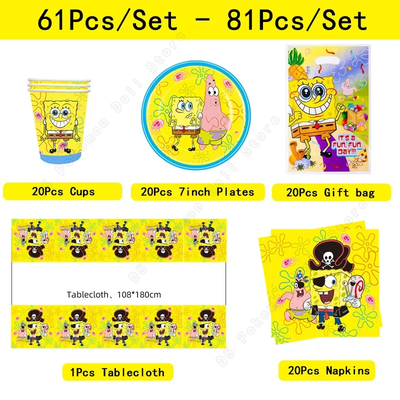 Bob Esponja Calça Quadrada Kit de Suprimentos para Festa de Aniversário Decoração de Bolo de Chuveiro de Bebê Talheres Descartáveis Toalha de Mesa Placa de Copo de Papel