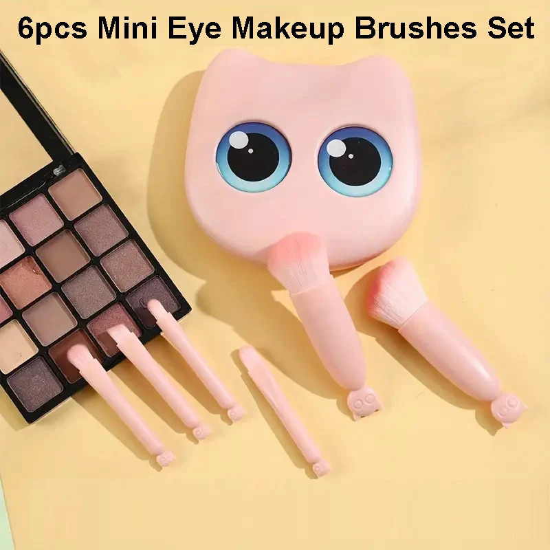 Juego de brochas de maquillaje con espejo y caja de almacenamiento, 6 uds., base en polvo cosmética portátil, colorete, mezcla, corrector, brochas de maquillaje