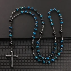Natural Round Bead Black Gallstone Cross Pendants Vintage Men's Agate Bead Sweater Chain Necklace Couple Party Jewelry