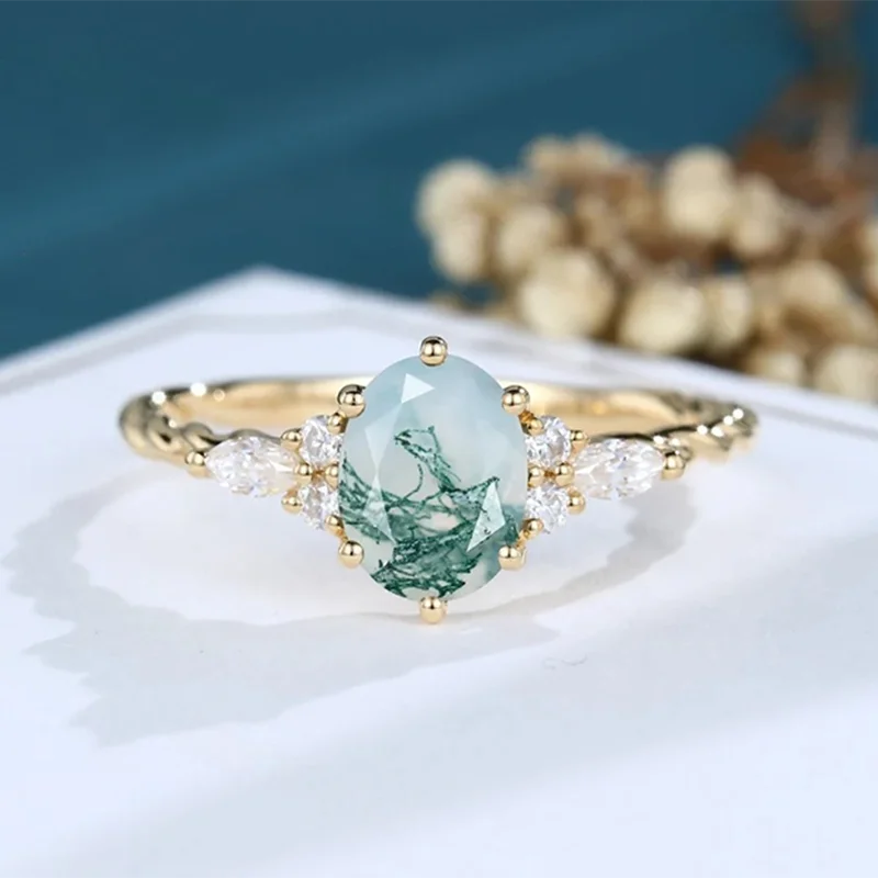 

Unique Natural Moss Agate Twisted Ring for Women 925 Sterling Silver Trendy Marquise Cut Zircon Cluster Engagement Jewely