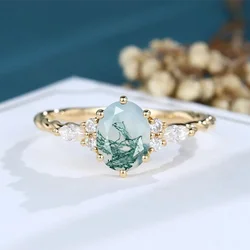 Unique Natural Moss Agate Twisted  Ring for Women 925 Sterling Silver Trendy Marquise Cut Zircon Cluster Engagement Jewely