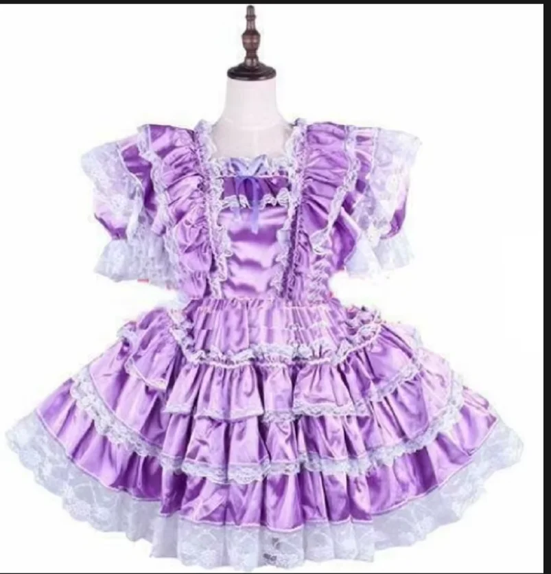 

Hot Selling Sexy Lolita Sisi Purple Lace Ruffled Cake Dress Lockable Girl Satin Dress Maid Role-playing Cross Dresser Party Dres