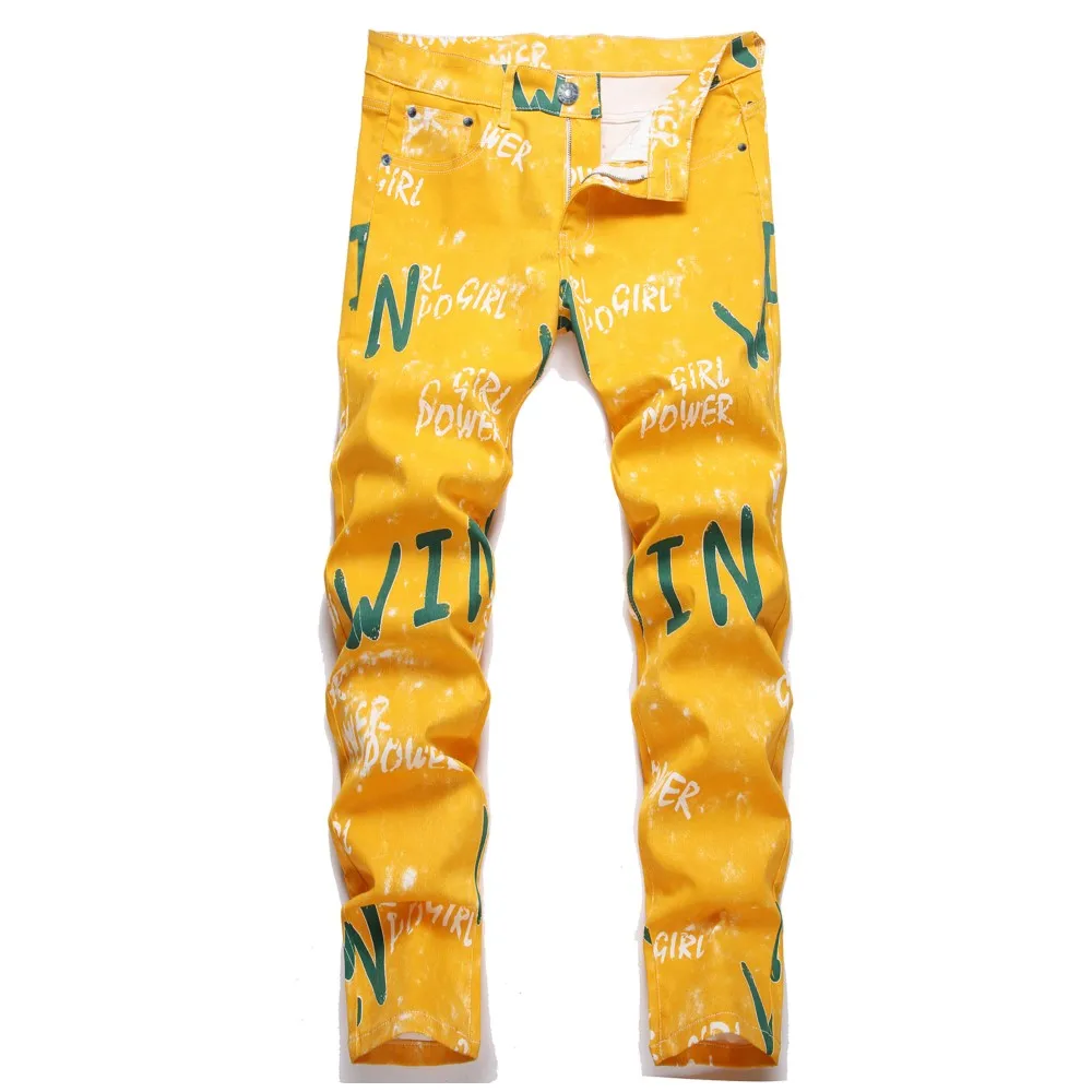 Pantalones vaqueros de alta calidad para hombre, Jeans rectos con letras estampadas, color amarillo, rojo y verde, moda diaria, tendencia de garabatos, High Street