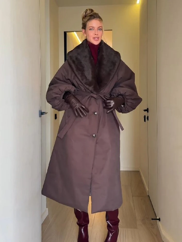 Stylish Elegant Puffer Long Coat Vintage Faux Fur Collar Relaxed Midi Outerwear Women Autumn Chic Party Casual Female Overcoat