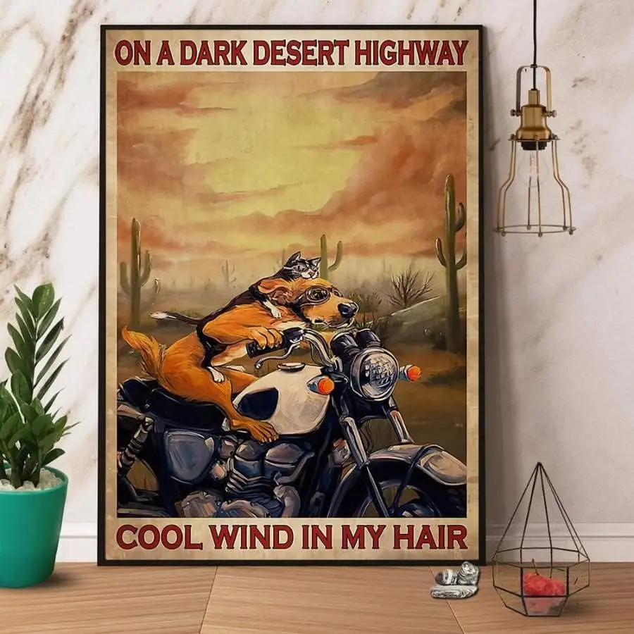 Vintage Dog And Cat Riding Motorcycle Cool Wind In My Hair Retro Metal Tin Signs Vintage Aluminum Sign For Home Room Metal  sign