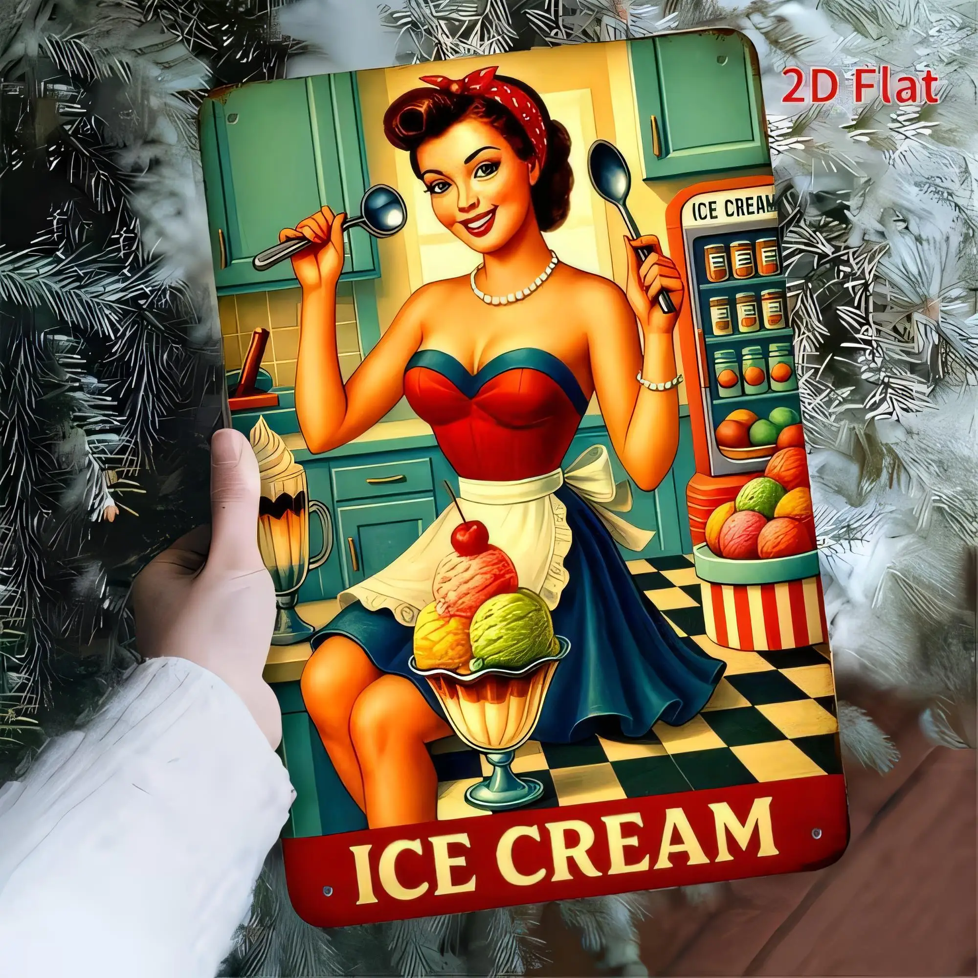 Vintage Ice Cream Pin Up Girl Tin Sign 2D Flat Metal Sign Retro Dessert Shop Wall Decor Funny Kitchen Bar Plaque Artwork   Home