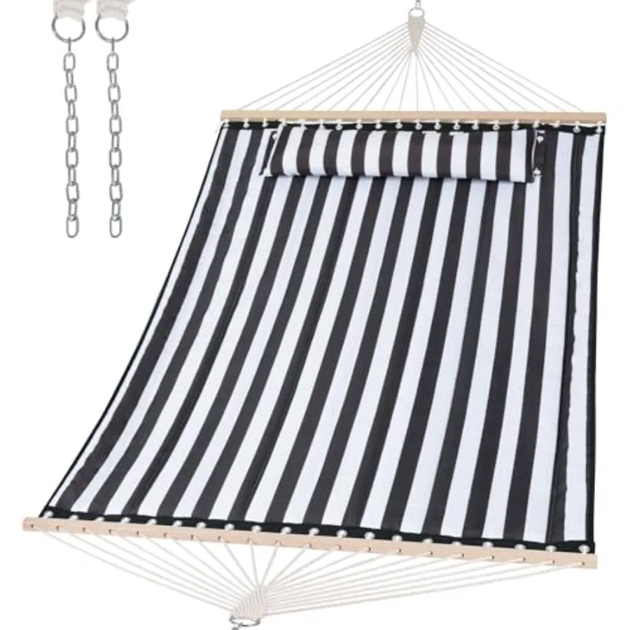 

Indoor/Outdoor Double Quilted Hammock with Hardwood Spreader Bar, Black Stripes, Extra Large Soft Pillow, Heavy Duty 2 Person