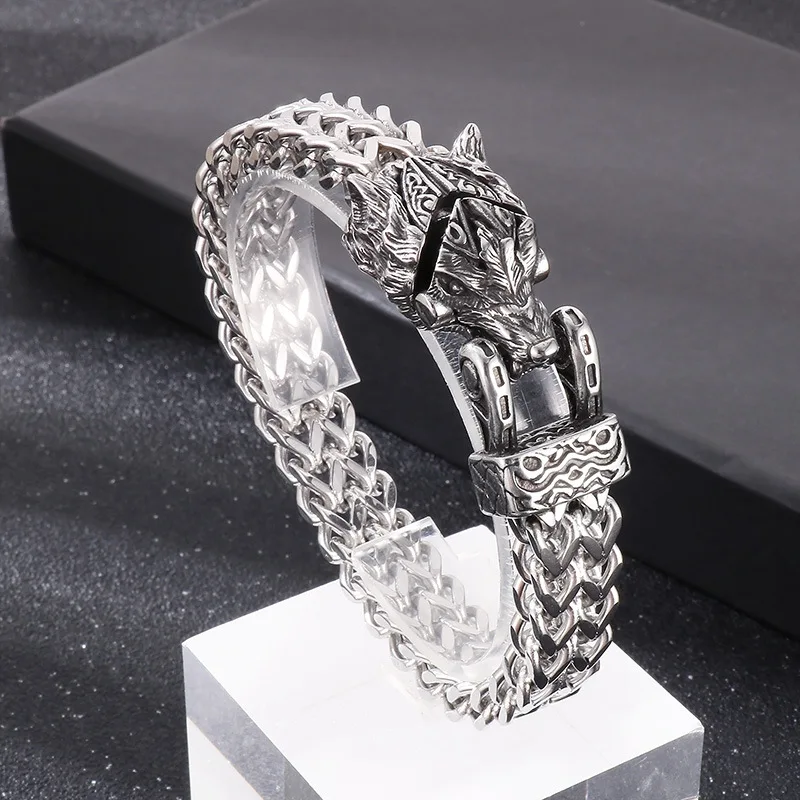 Retro Vikings Bear Norse Wolf Bracelets Men Punk Stainless Steel Mesh Chain Snake Eagle Animal Biker Wristband Icelandic Jewelry