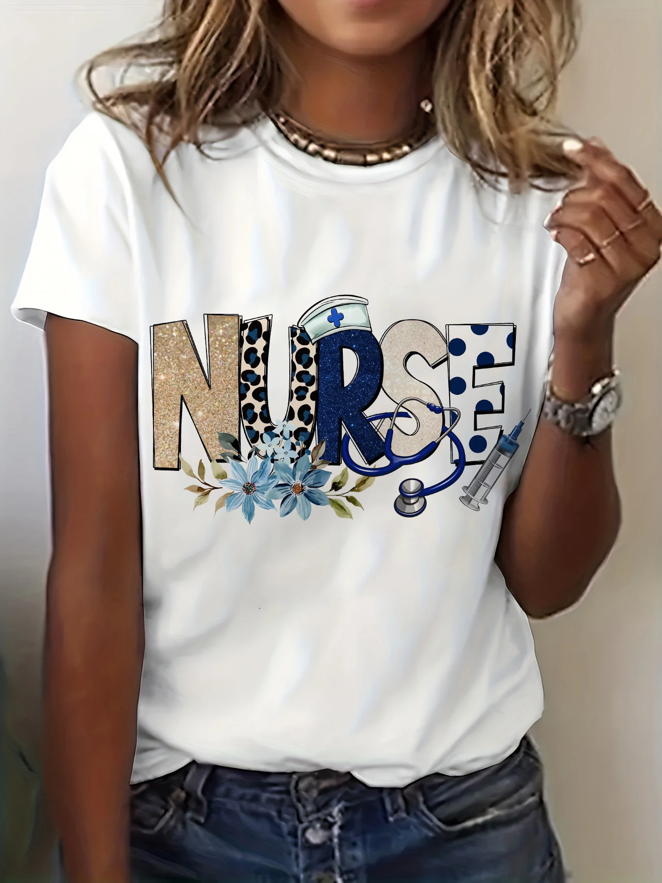 Floral & Graphic Print Nurse Life T-Shirt - Women's Short Sleeve Crew Neck Casual Top with Leopard Accents