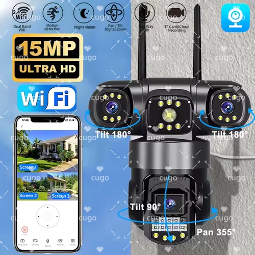 Cámara PTZ WiFi de 15MP con tres lentes, tres pantallas, visión nocturna a Color, cámara IP de seguridad para exteriores, cámara de vigilancia CCTV, aplicación V380