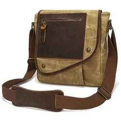 Men's Small Vintage Messenger Bag Waterproof Travel Shoulder Bag, Crazy Horse Leather Waxed Canvas Crossbody Bag