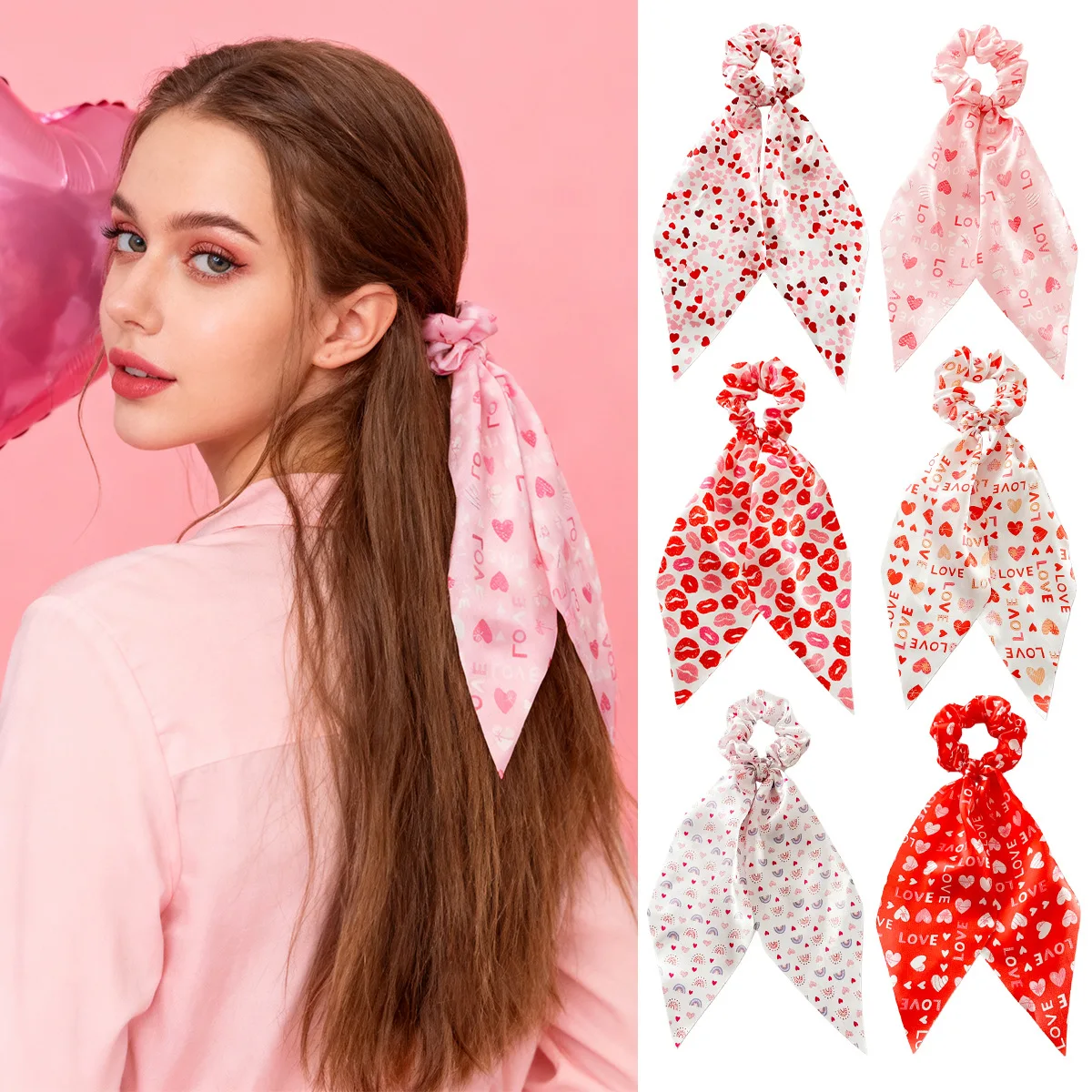 Chiffon Silk Floral Bow Hair Scrunchies Valentine's Day Women Hair Ropes Ties Elastic Rubber Bands Ponytail Holder Accessories