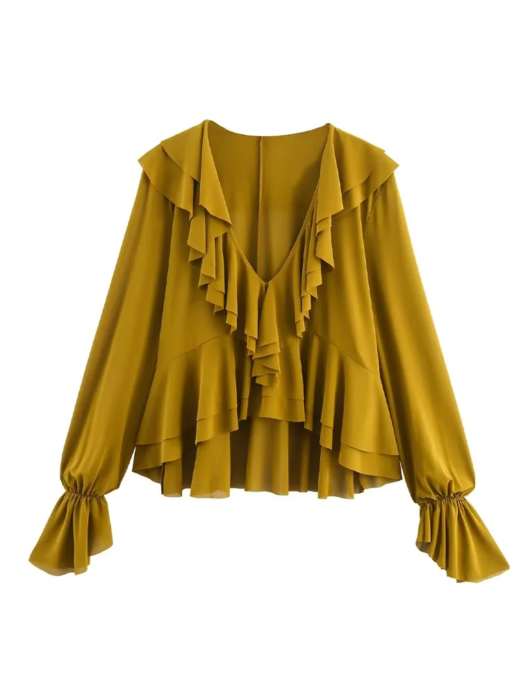 

HH Women Autumn New Fashion V-neck Draped Layered Decorative Long Sleeve Top Female Asymmetric Hem High Street Casual Shirt