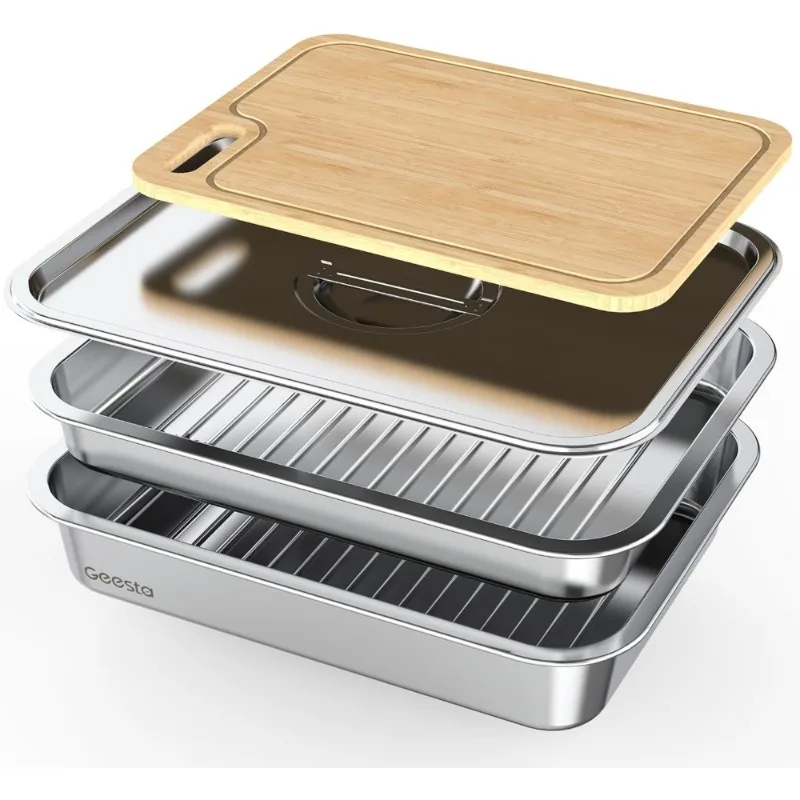 

HOME-Large Stainless Steel Grill Prep Tray with Lid Cutting Board BBQ Food Carrier Marinade Container Grill Accessories for