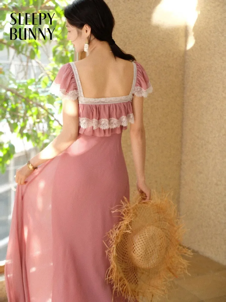 

Women Lace Patchwork Maxi Dress Square Neck A Line Dress Flowing Long Bottoms Slim Fit French Style Spring Romantic Lady Outfit
