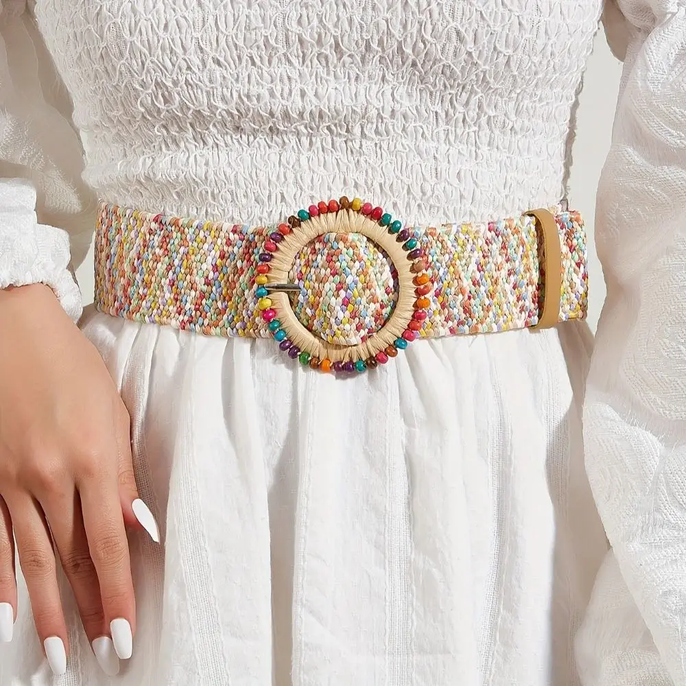 Woven Boho Straw Weave Belt Colorful Retro Bohemian Style Belt Holiday Style Round Buckle Ethnic Style Waistband