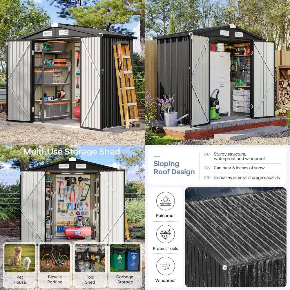 Black Outdoor Storage Shed, 6x4 Feet Metal Garden Tool Shelter with Sloping Roof and Lockable Door for Patio and Backyard Use