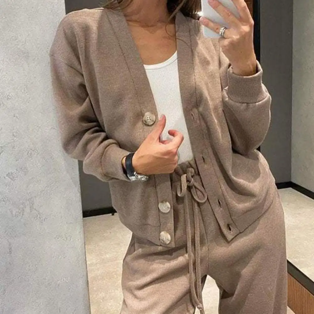 Women Commuting Cardigan Women's V Neck Knitted Shirt Wide Leg Trousers Set Long Sleeves Loose Top with Drawstring for Women