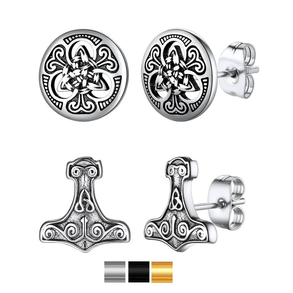 U7 Stainless Steel Viking Stud Earrings Retro Celtic Knot Thor's Hammer Round Button Earring for Men Women Unisex Daily Jewelry