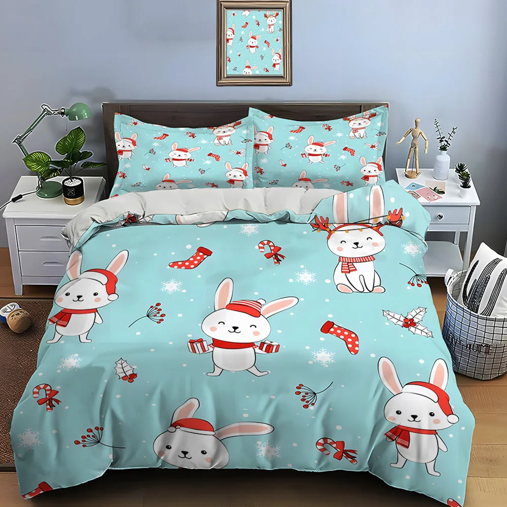 

Christmas bunnies with festive elements Print Bedding Set 1 Duvet Cover 2 Pillowcases for Adult Children Luxury Gift Full Size