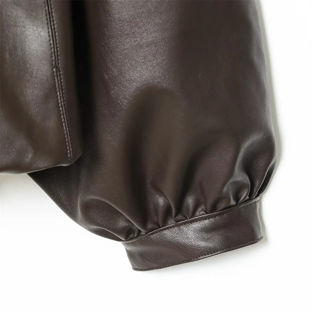 Осенний новый продукт, женская модная дизайнерская куртка с высоким воротом и длинными рукавами, пышная свободная кожаная куртка-пилот с эффектом пальто