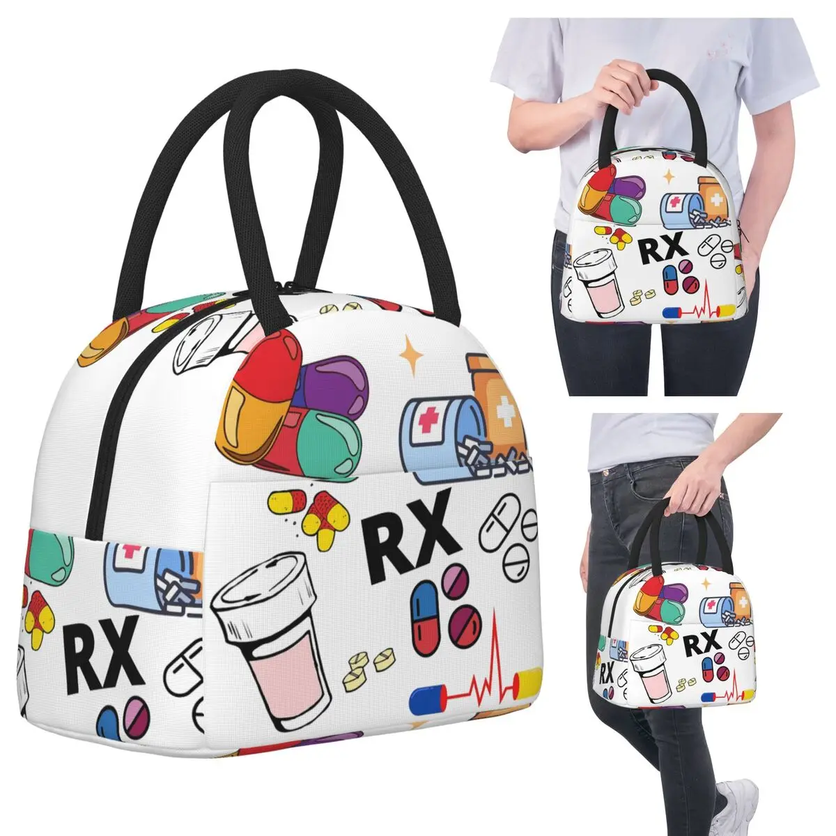 

Pharmacy Pattern Pills RX Insulated Lunch Bag for Kids School Cooler Thermal Food Box Tote Leakproof Lunch Boxes Container