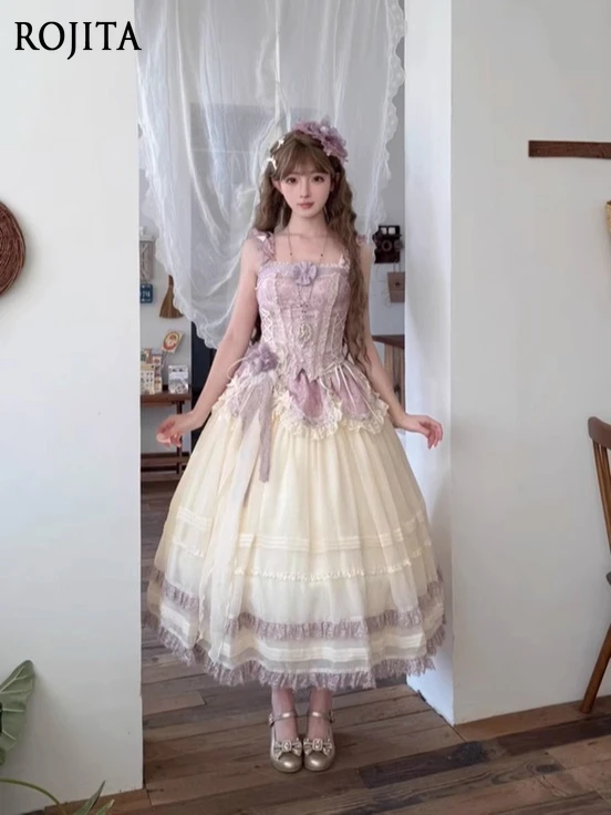 

Kawaii Purple White Vintage Wedding Lolita JSK Lace Ruffle Tiered Skirt with Flower Evening Dress Princess Gorgeous Flower Dress