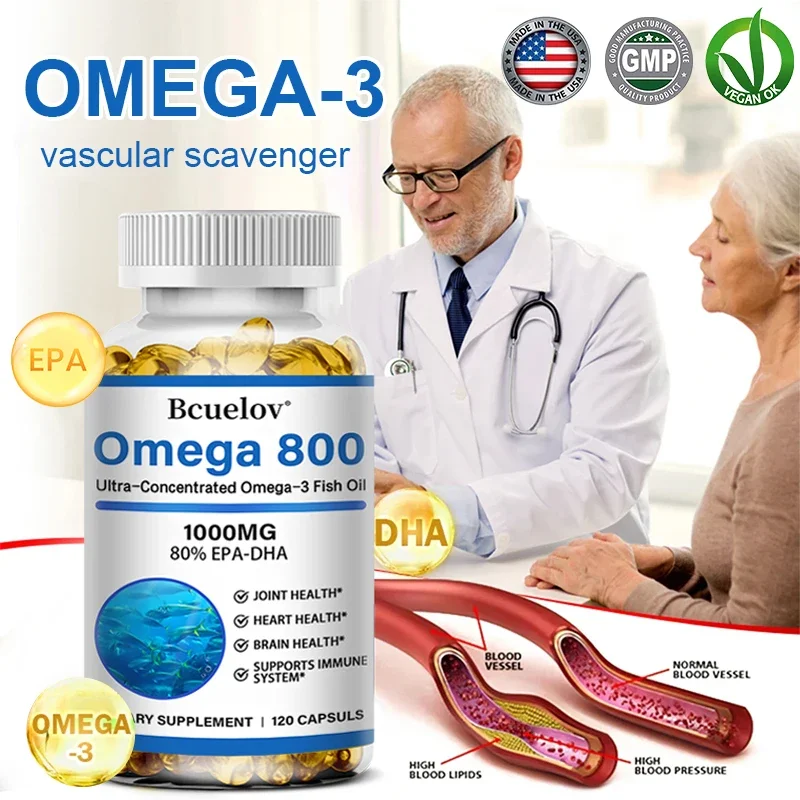 Bcuelov, Omega 800, Super Concentrated Omega-3 Fish Oil, EPA-DHA Triglyceride Form, 1,000 mg, 120 Fish Gelatin Softgels