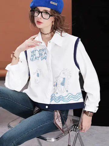 Women Embroidered Short Shirt Loose Fit Blouse Cropped Casual Cotton Top Long Sleeve Fashion Streetwea