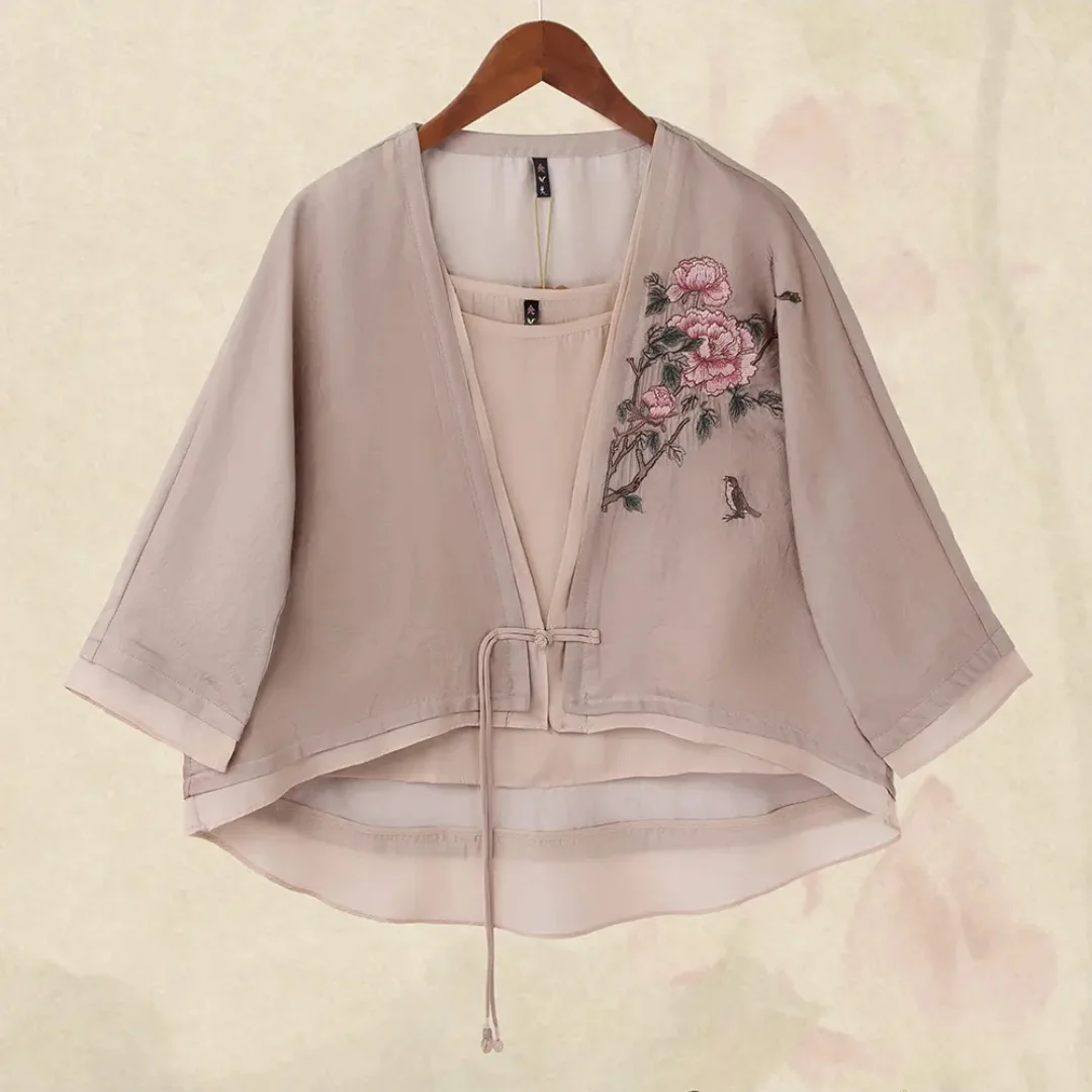 

Chinese style woman blouses Beige natural silk two-piece set tops fashion vintage embroidery linen Summer clothes