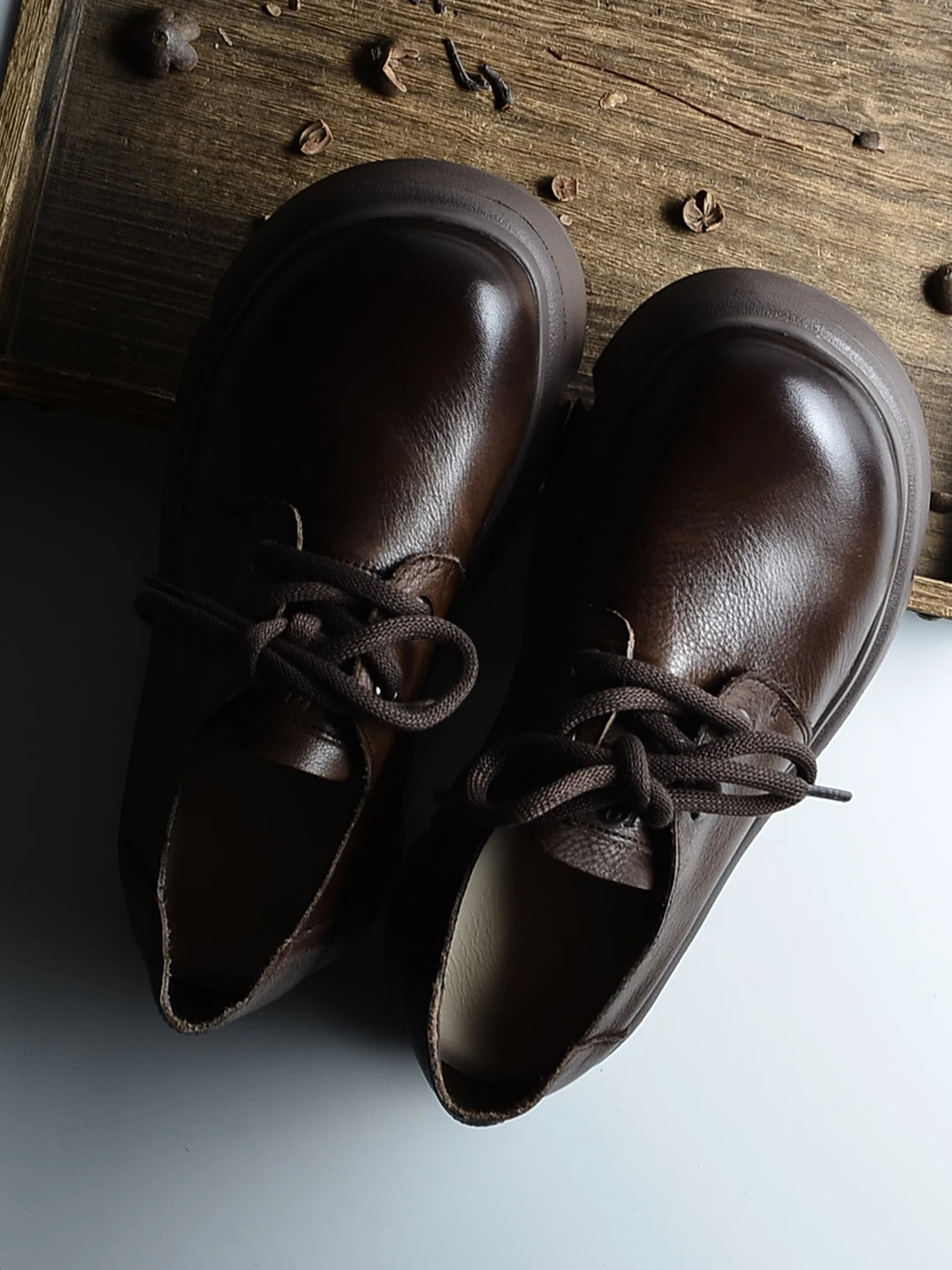 Retro Thick Bottom  Shoes Women's Genuine Leather round Toe Lace-Up Single Shoes Comfortable Casual Shoes Spring 2026