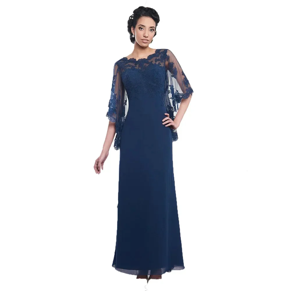 Vestido de chiffon para a mãe da noiva, azul marinho, até o chão, tule longo com applique cape, festa formal, casamento, verão, 2023