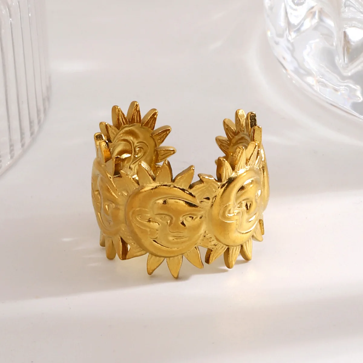 New Design 18k Gold-plated Stainless Steel Sun Open Ring Extended Vintage Trendy Ins-style Accessory Fashion Jewelry