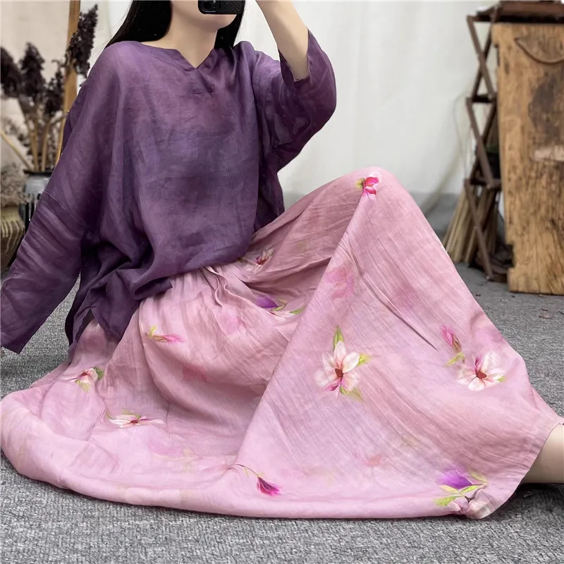 Summer Ethnic Pink Flower Printed Skirt Women Draping Large Swing Elastic Waist Long Skirts Thin Soft Linen Skirt
