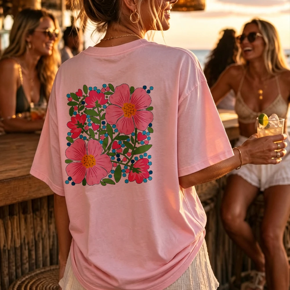Floral Print T-Shirt for Women Crew Neck Casual Loose Fit Pink Green Leaves Blue Dots Square Frame High Quality Cotton Tops Tee