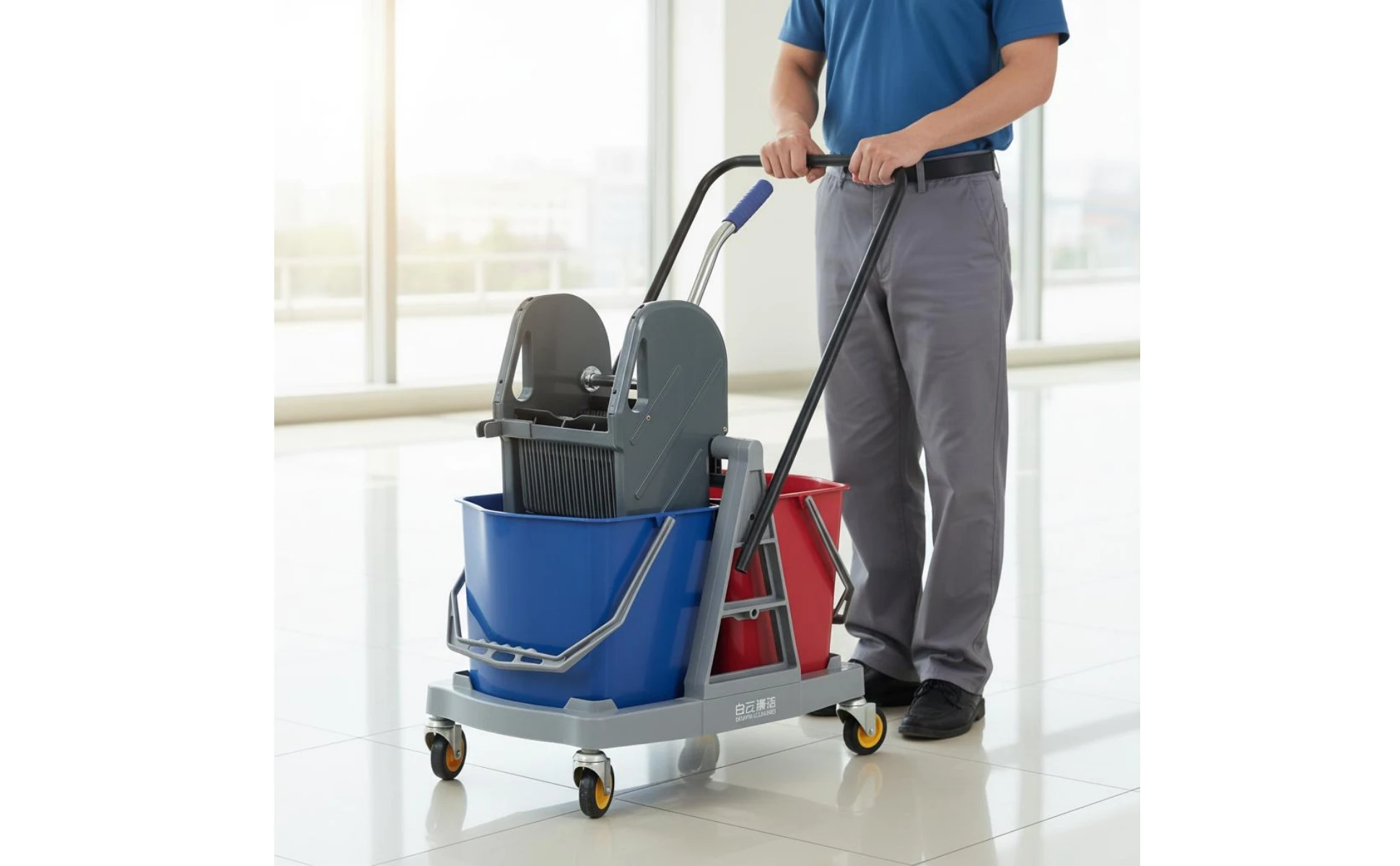 34 Liters Double Bucket Mop Trolley Easy to Move Dual Bucket Wringer Trolley Cleaning Equipment Sturdy Plastic Body for Hotel