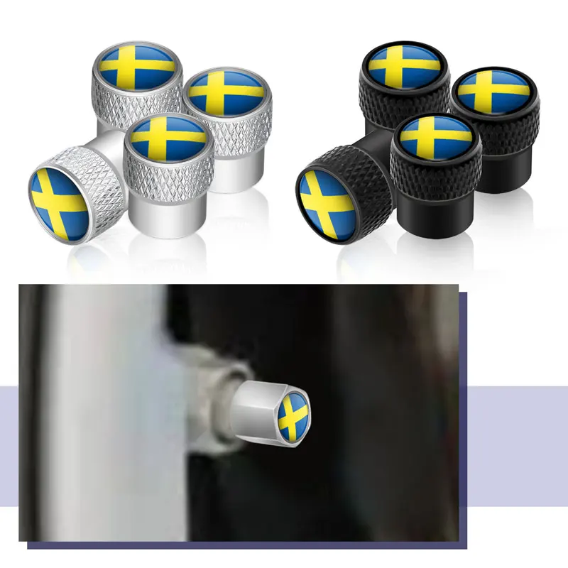 Sweden Swedish Flag Emblem Car Wheel Tire Valve Caps Tyre Rim Stem Covers Dustproof For Volvo V40 V60 XC40 XC60 XC90 C30 4Pcs