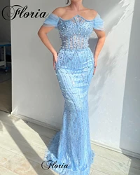 Sky Blue Mermaid Cocktail Dresses With Pearls Strapless Off Shoulder Prom Dresses Vestidos De Cóctel Special Occasion Dresses