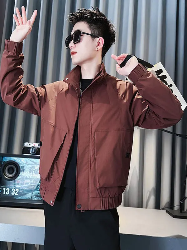 

너 коричневый повседневный мужской джгут с большими kets воротник-стойка весенне-осенняя верхняя одежда модный бренд молодежный полиэстер